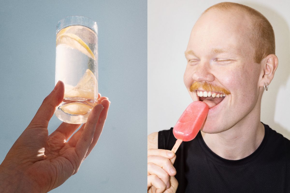 Mies, jäätelö ja lasi vettä